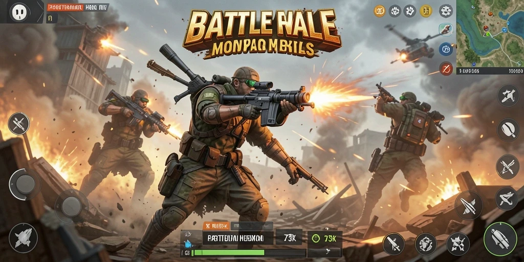 Screenshot utama 73K menampilkan gameplay Battle Royale yang intens.