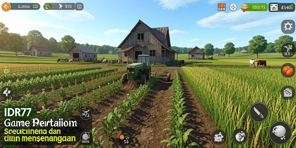 Screenshot gameplay IDR77 dengan pertanian yang indah dan hewan ternak.
