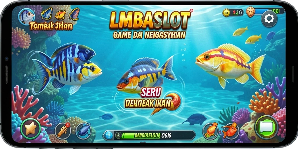 Tampilan screenshot gameplay LMBASLOT yang menampilkan aksi Tembak Ikan.